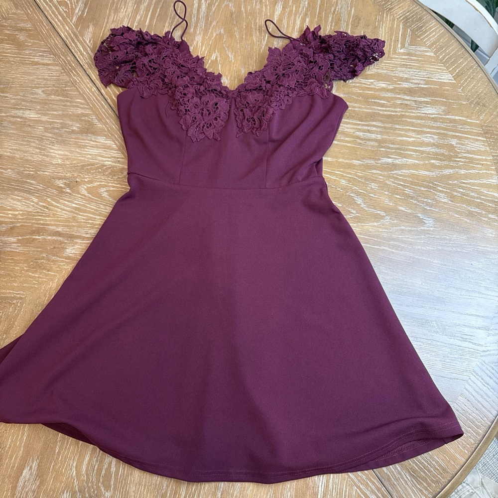 Lace Trim Burgundy Fit-and-Flare Dress